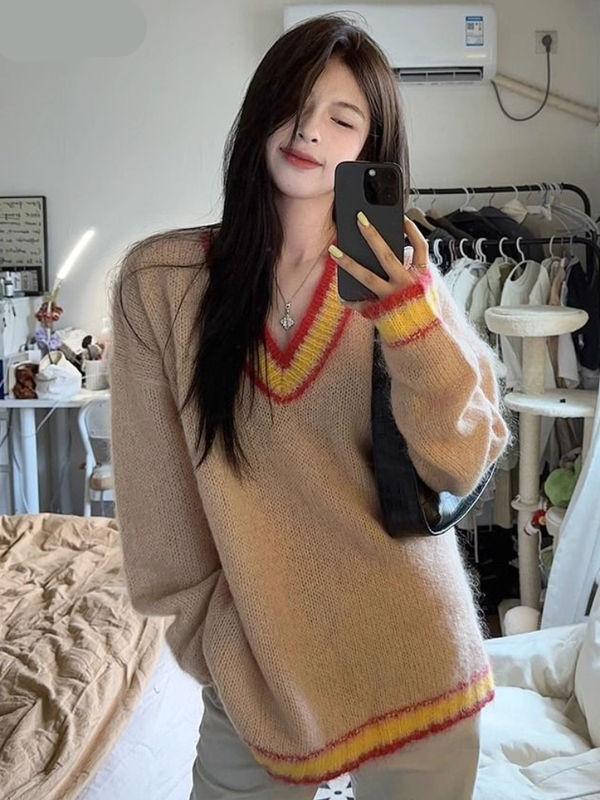 Pullovers Women Panelled Vintage Cozy Baggy Casual Ulzzang Temper Warm V-neck Sweater Girls Streetwear Fashion Свитер Женский